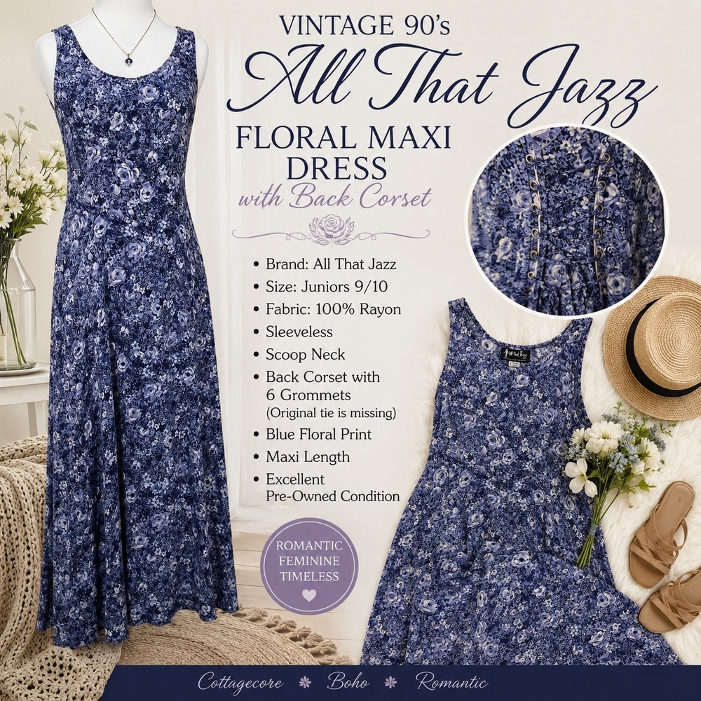 Vintage 90s All That Jazz Blue Floral Rayon Maxi Dress Size 9/10 Corset Back